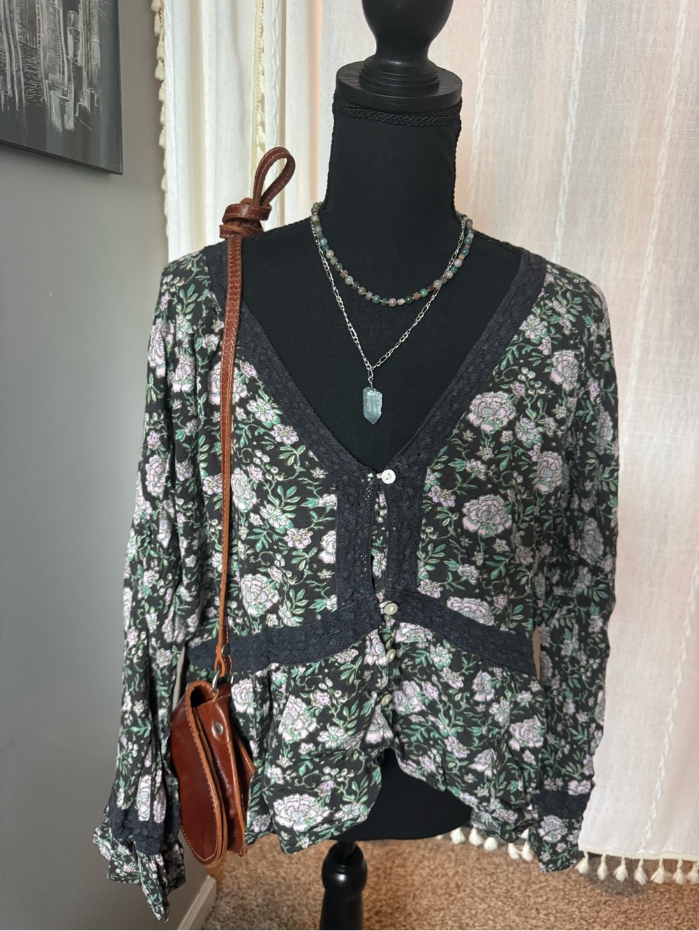 American Eagle Outfitters Black & Pink Floral Blouse with Lace Detail